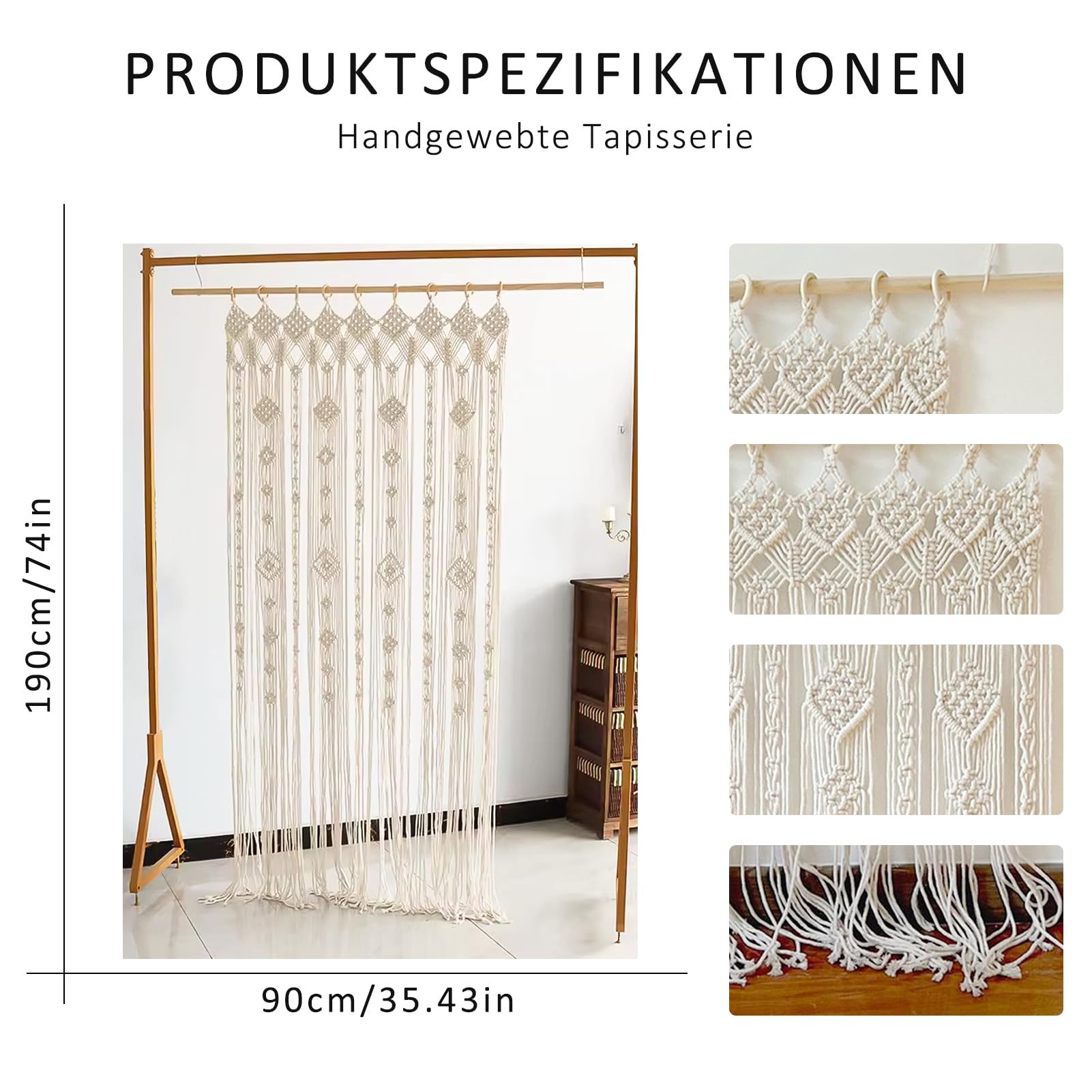Makramee-Wandbehang-Vorhang,Boho Türvorhang,35.43*74 in,Mittel Gewebt Tapisserie Makramee,Handgewebte Baumwollseil Türvorhänge,für Wohnzimmer Schlafzimmer Bohemian Home Decor Hochzeit Kulisse