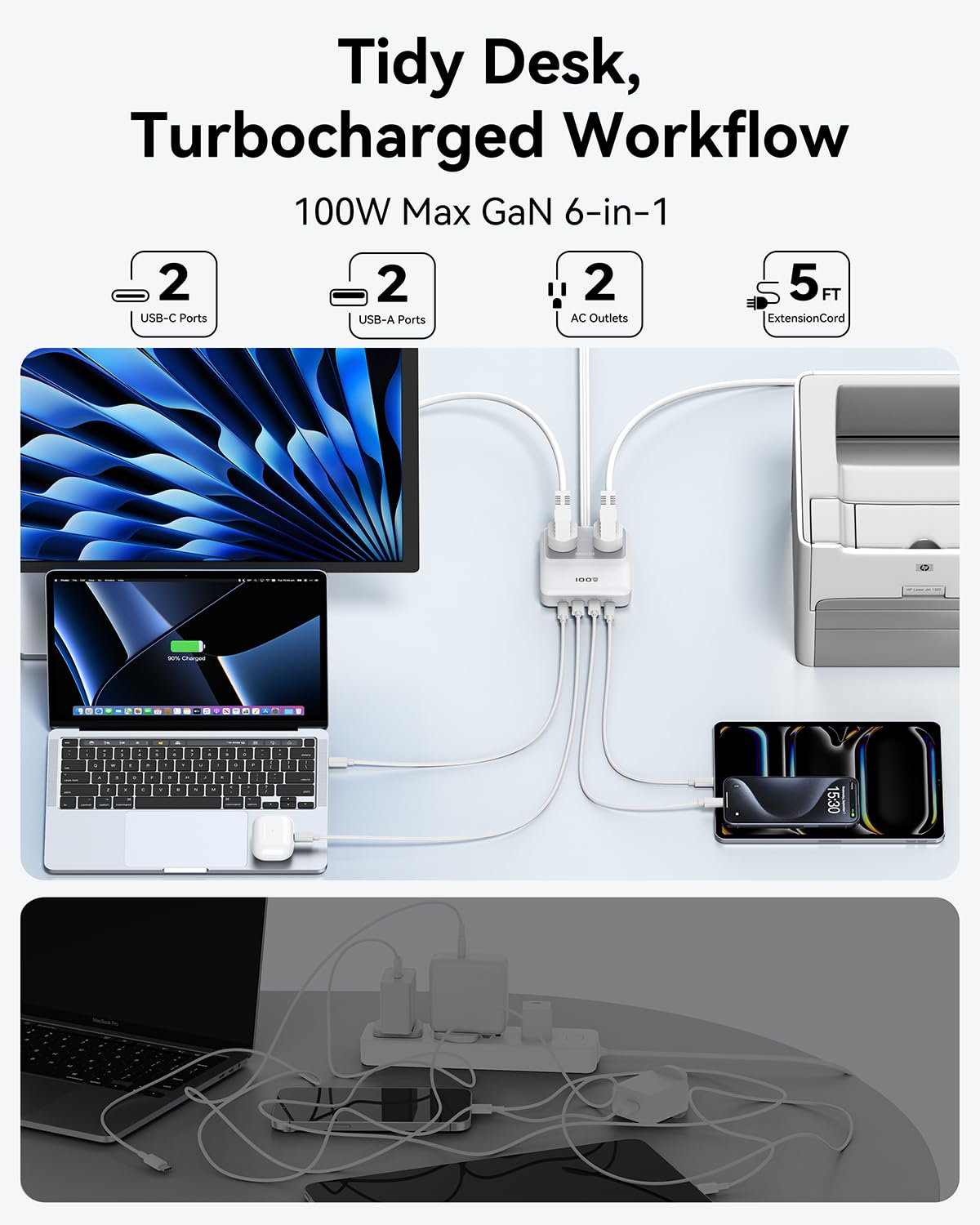 Estación de carga, regleta de alimentación USB-C de 100 W GaN con protector de sobretensión, cargador de computadora de 6 puertos para MacBook Pro/Steam Deck/Chromebook, enchufe plano y cable