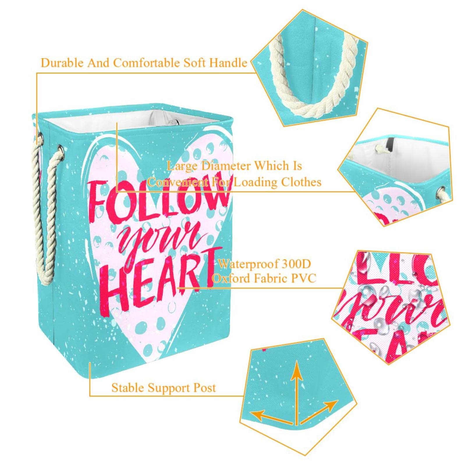 Wodoodporny kosz na pranie, kosz na brudne ubrania z uchwytem Follow Your Heart Love Blue