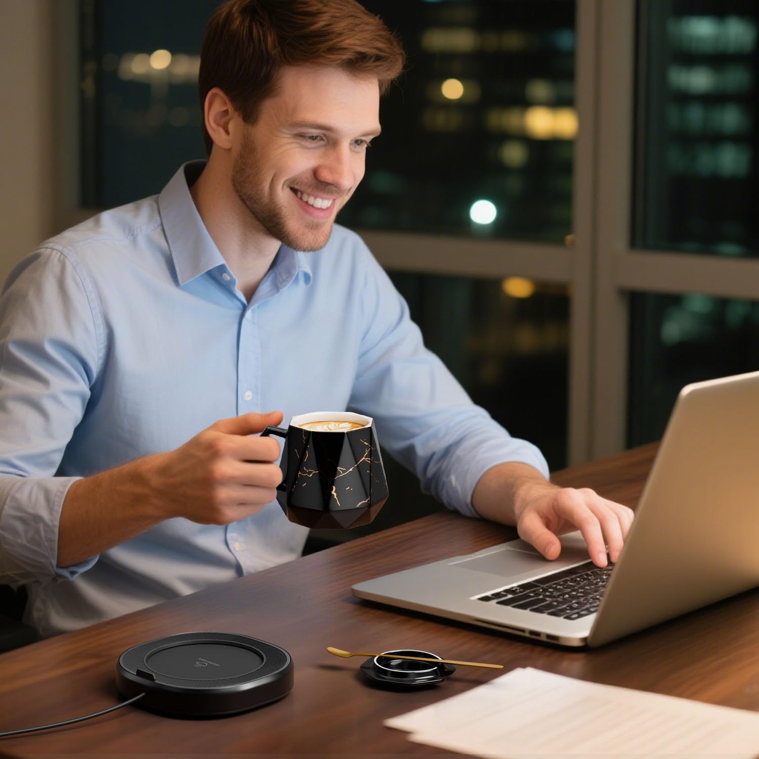 Calentador de tazas de café y juego único de tazas de mármol, calentador de tazas eléctrico inteligente para computadora y oficina, 4 controles de temperatura, calentador de bebidas de café, té y 8