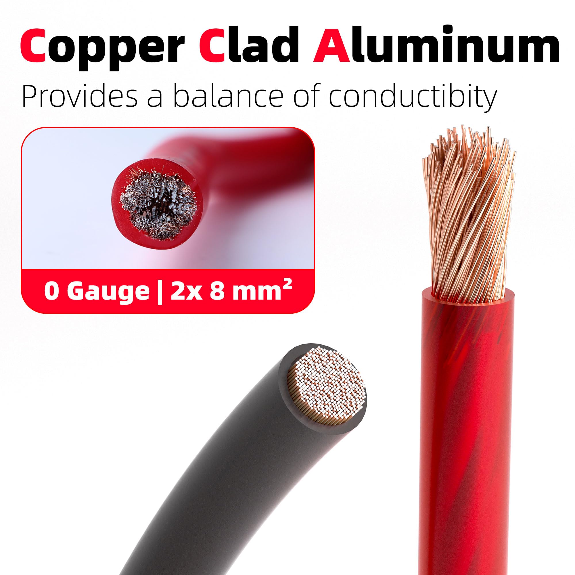 CCA-Batteriekabel, 0 Gauge, für Kfz-Stromerdung, Auto-Audio, Wohnmobil, Verstärker-Kabelset, je 7,9 m, schwarz/rot mit 1,5 m Kabelhülsen (7,8 m schwarz + 7,8 m rot + 1,5 m Kabelhülsen, 1/0 Gauge Draht