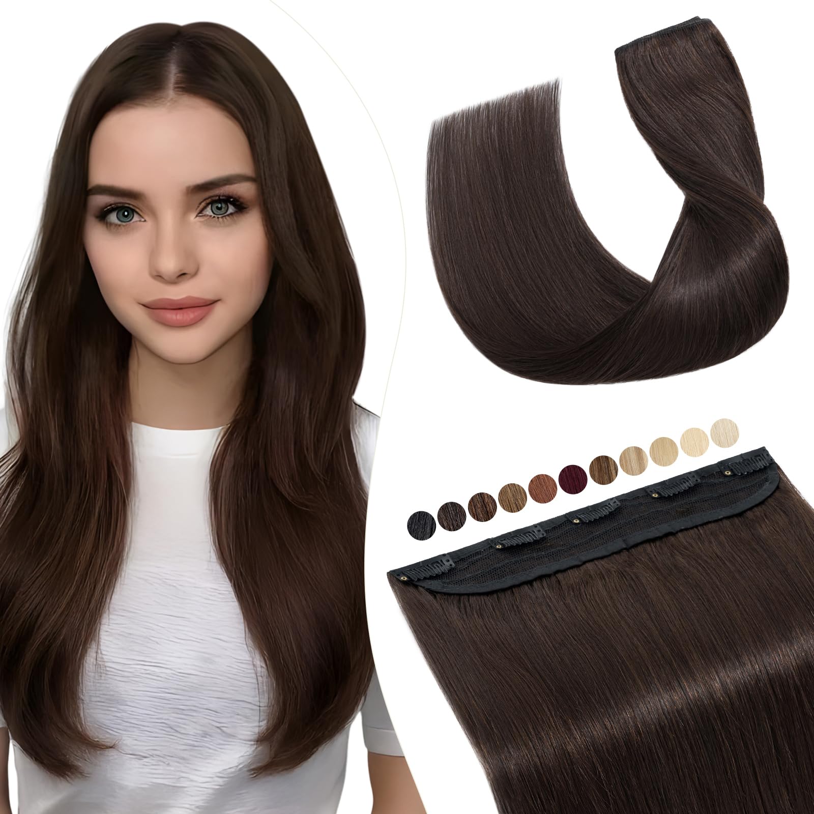 Elailite 45cm Extension Clip Capelli Veri Fascia Unica, Una Ciocca 50g #2 Marrone Scuro (Larghezza 22cm)