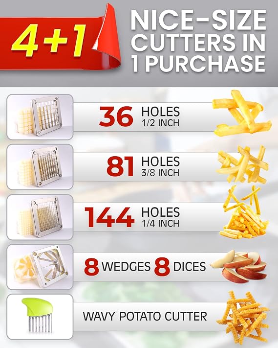 French Fry Cutter Commercial Potato Chopper Stainless Steel Vegetable Dicer Fruit Slicer for Onion,Cabbage,Carrots,Potato,Mushroom,with 4 Blades(1/4,3/8,1/2,8 wedge slice)