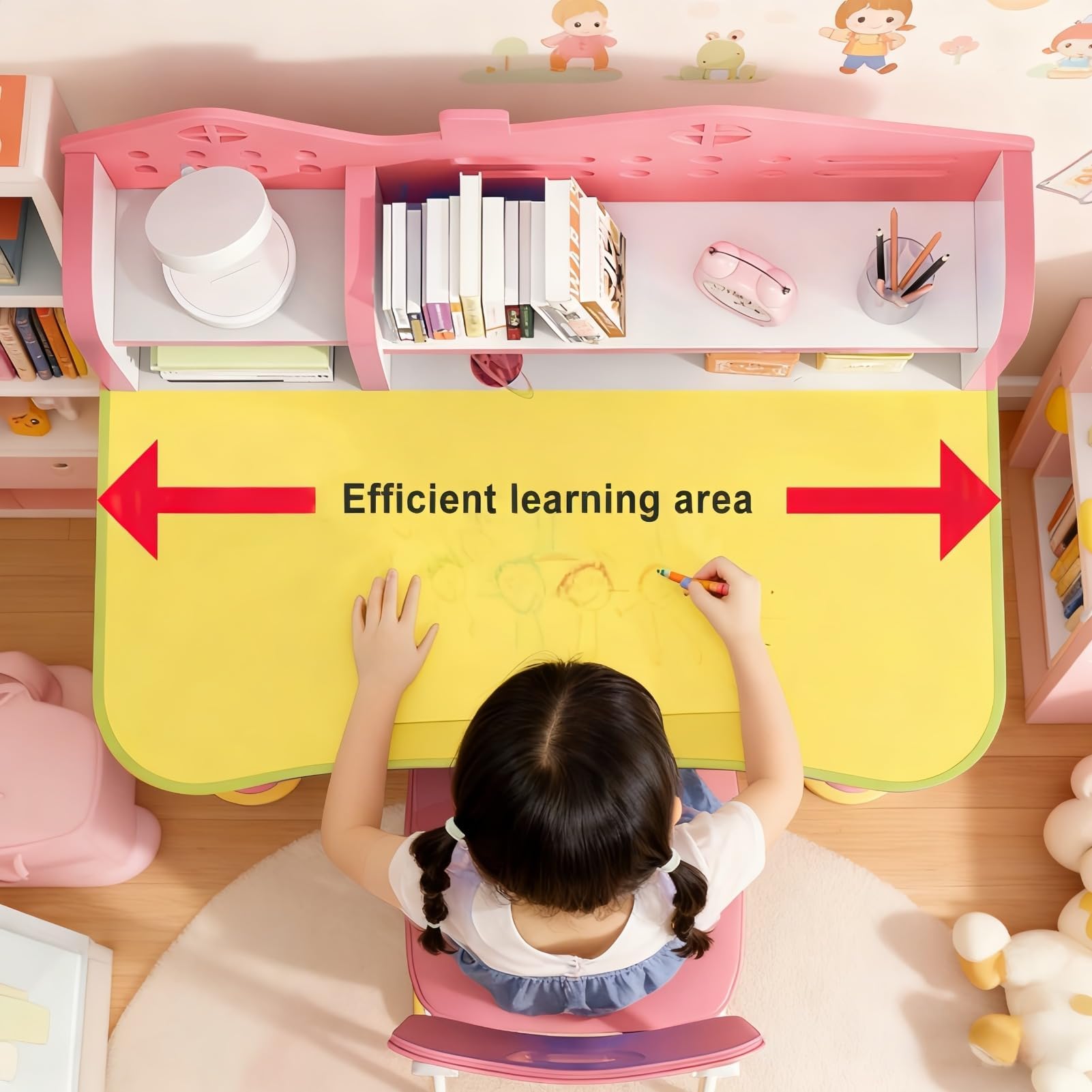 Tuelaly Ensemble bureau et chaise pour enfants, réglable en hauteur avec tiroir de rangement spacieux, pour éviter la myopie dorée, école, maison et études (rose A)