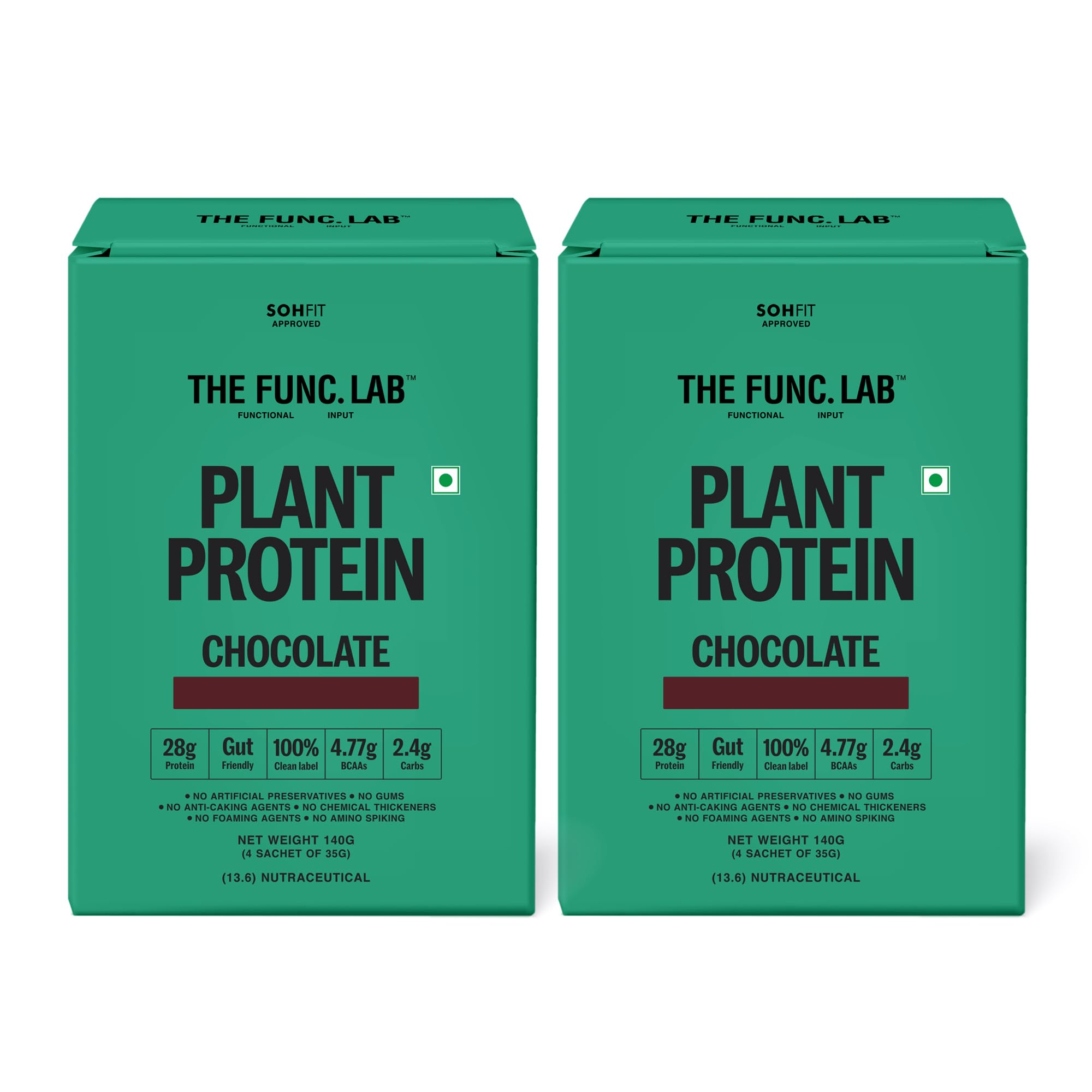 The Func. Lab Plant Protein - Chocolate Travel Packs | (4 * 35g Sachets) Pack of 2 | 28g Protein per Scoop | Pea and Rice Blend | Vegan, Sugar‑Free, 100% Clean Label, Gut Friendly, Vegetarian