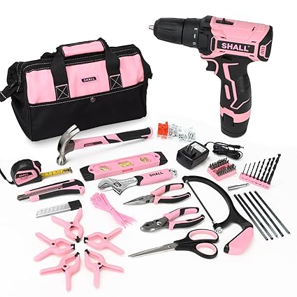 SHALL 12V Cordless Pink Drill and Household Pink Hand Tool Set