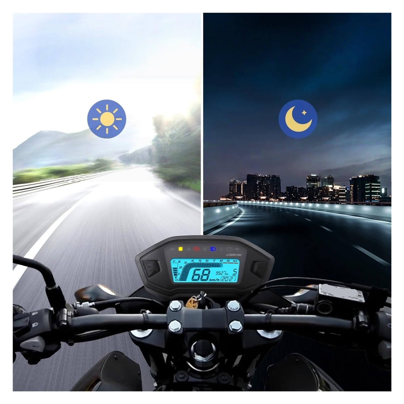 Contachilometri universale Tachimetro universale per moto, 7 colori, retroilluminazione, cruscotto per, regolazione digitale del contachilometri per 2/4 cilindri