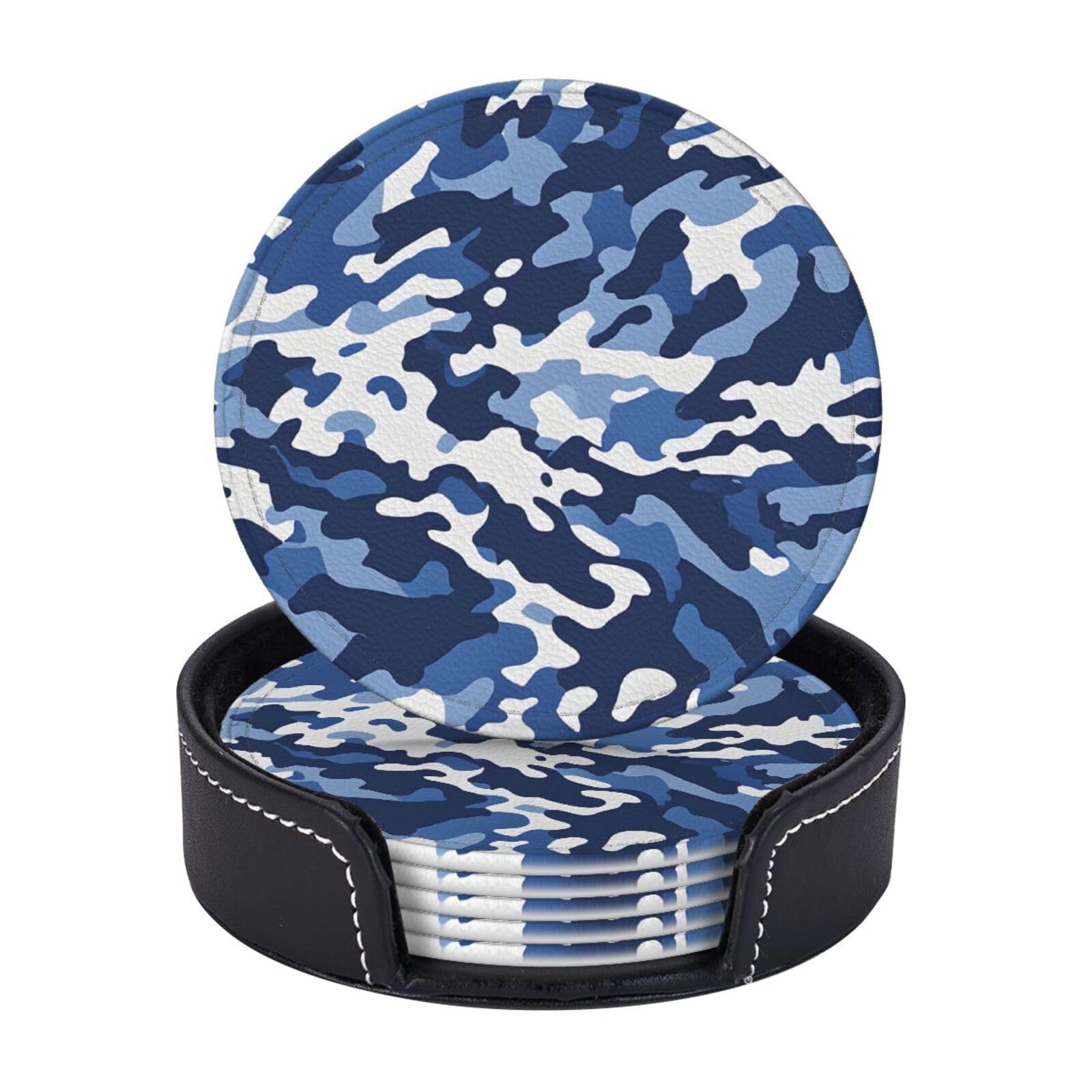 Coasters Set of 6 Microfiber PU leather Coasters with Holders for Drinks Coffee Bar Accessories, House Apartment Coffee Table Decor, Housewarming Gifts - Blue Camo