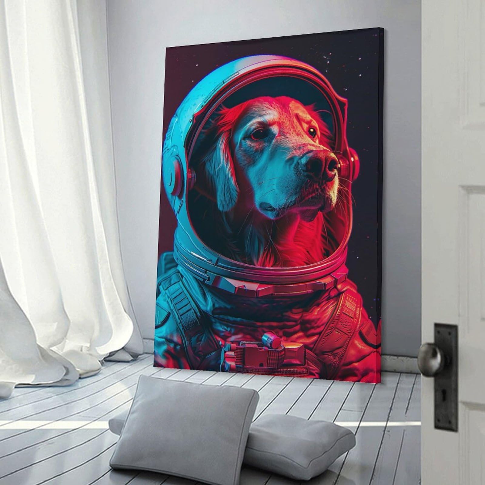 Junmoney Canvas Wall Decor Dog Astronaut, 24x36inch(60x90cm), for Bedroom Decor, Cosy Corners Or Studios, Decorative Wall Art for Cosy Rooms