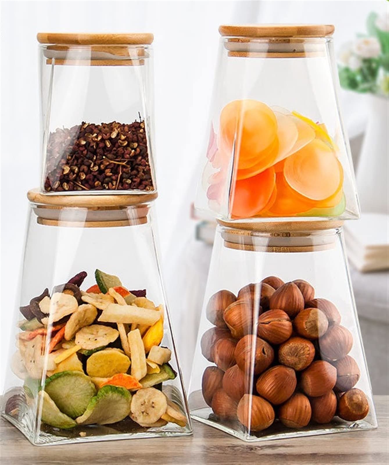 Barattoli Sigillati, Barattoli Quadrati di Vetro Trasparente, Set di 4 Contenitori Impilabili, for Caramelle, Biscotti, Riso, Zucchero, Noci, Barattoli for Alimenti