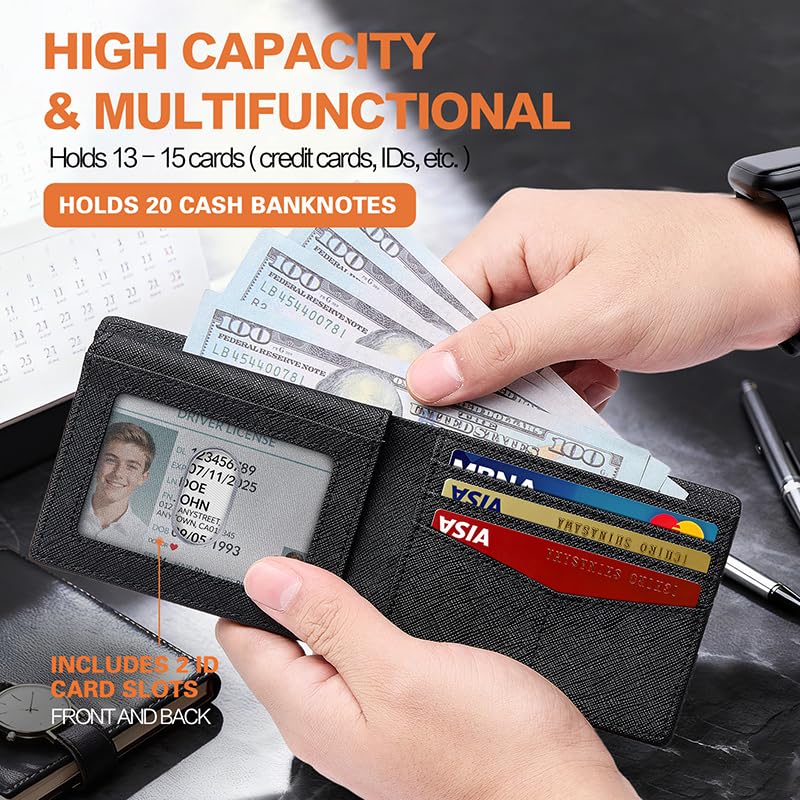 Image of Wallet for Men Slim RFID Blocking Bifold Carbon Fiber,Minimalist Small Compact Front Pocket Credit Card Holder,Thin Mens Leather Wallets Smart Security With 2 ID windows 1 Cash (Cross Black)