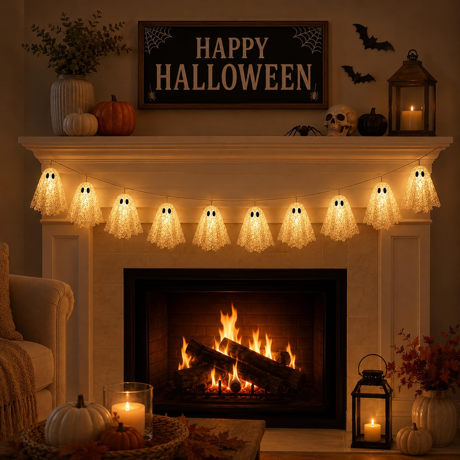 Juego de 2 luces de Halloween fantasma, 10 fantasmas LED de lentejuelas de color blanco cálido, 6.6 pies