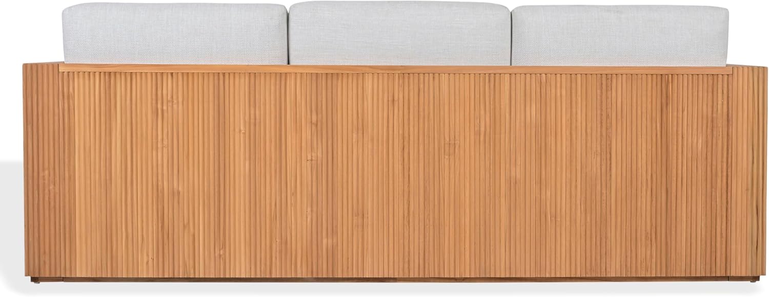 SAFAVIEH Couture Outdoor Patio Furniture Collection – Saint Lucia Natural Teak Wood Patio Sofa with White Cushions, Reeded Outdoor Sofa (CPT1074A)
