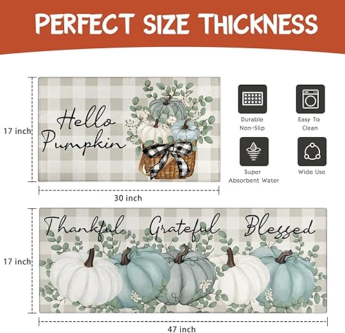 Miniatura 3 de Juego de 2 alfombras de cocina con diseño de calabaza de otoño y Acción de Gracias, antideslizantes, lavables para decoración del hogar, decoración