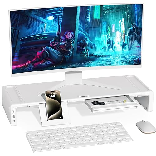 OImatser Monitor Stand Riser 3.0 USB HUB, Type-C Data Port, Foldable Computer Monitor Riser, Adjustable Length Computer Stand and Storage Drawer & Pen Slot, Phone Stand for Computer - White-3.0 USB