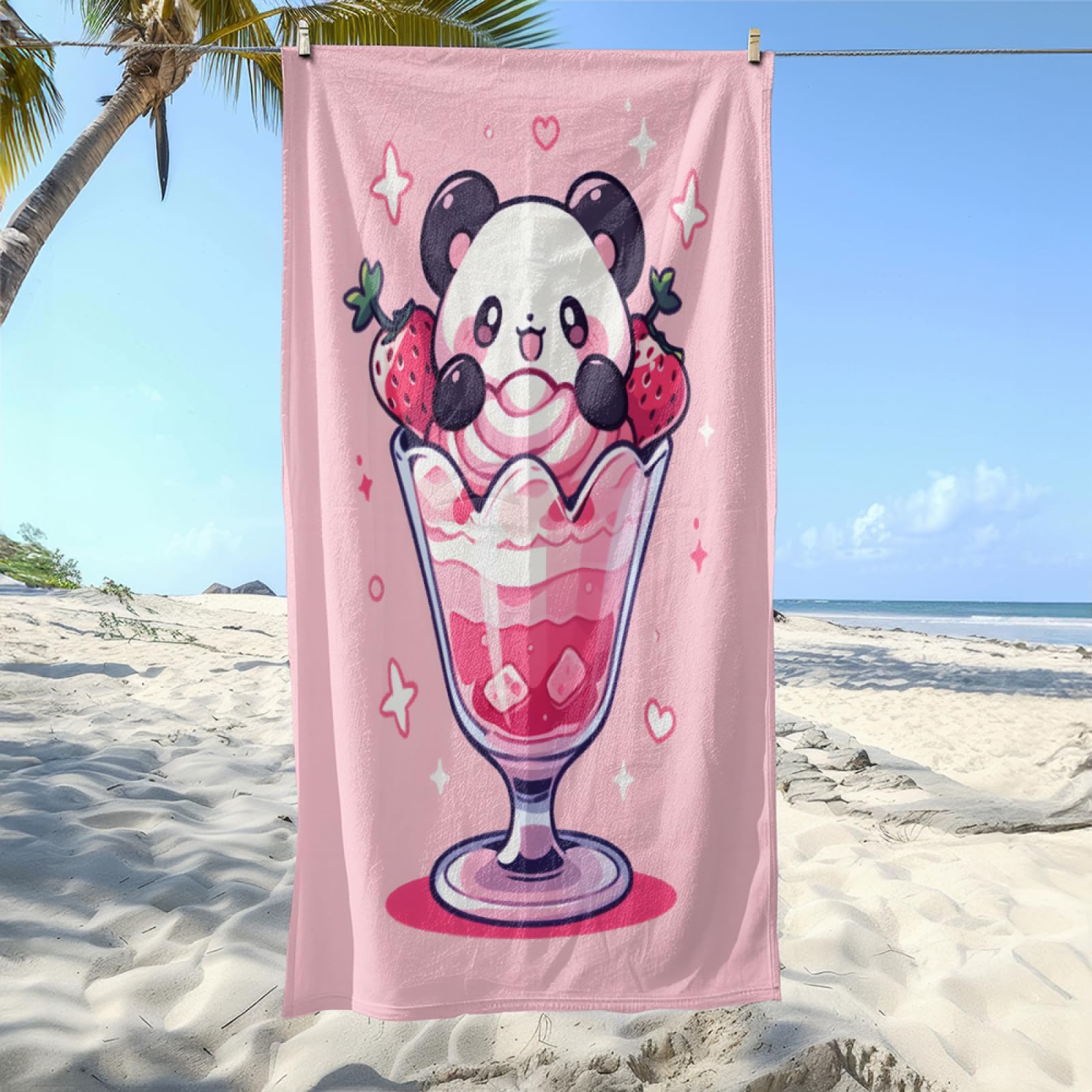 Serviette de Plage Panda Étoile Rose Drap de Plage Anti Sable Portable Serviette de Bain XXL Piscine Toilette Sport Microfibre Ultraléger Towel Absorbant Séchage Rapide 100x200cm