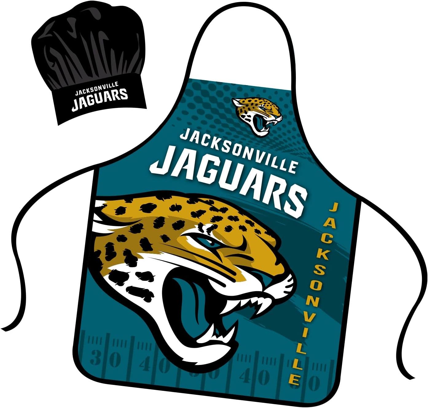 Mojo Licensing Jacksonville Jaguars Apron Chef Hat Set Full Color Universal Size Tie Back Grilling Tailgate BBQ Cooking Host