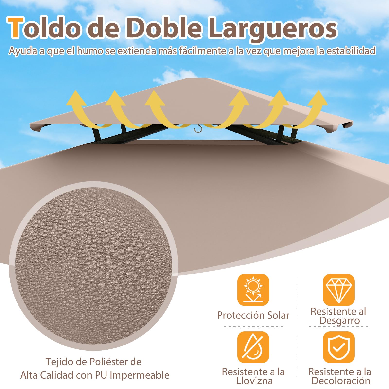 COSTWAY Carpa de Barbacoa 242 x 150 cm, Pergolas de Jardin de Techo Doble con 2 Estantes, 6 Ganchos, Estructura Metálica, Cenador para BBQ Jardín Terraza Fiesta Picnic (café)