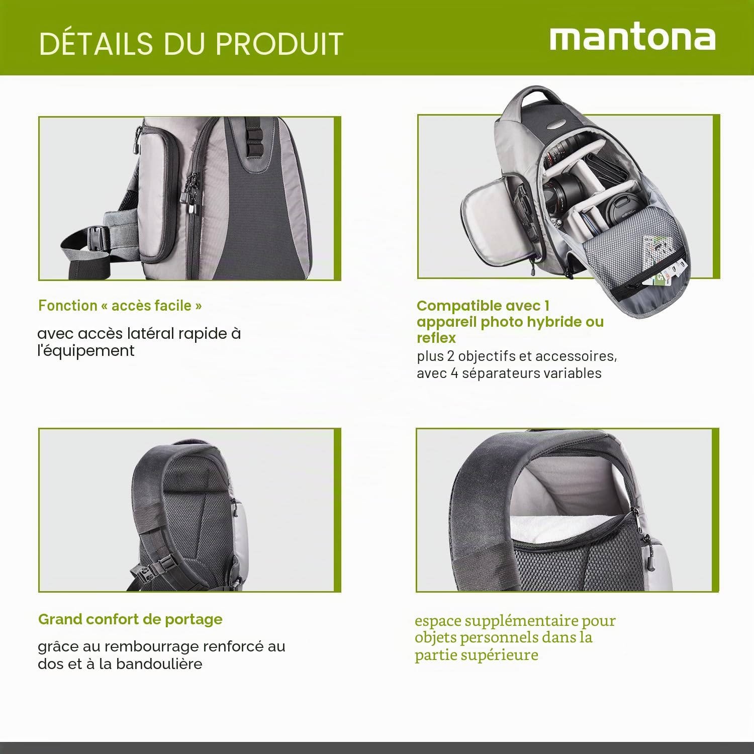 Mantona Sac à dos pour caméra DSLR Miami (accès rapide pour DSLR avec objectif monté, place pour plus d'objectifs ou accessoires, système de transport à sangle)