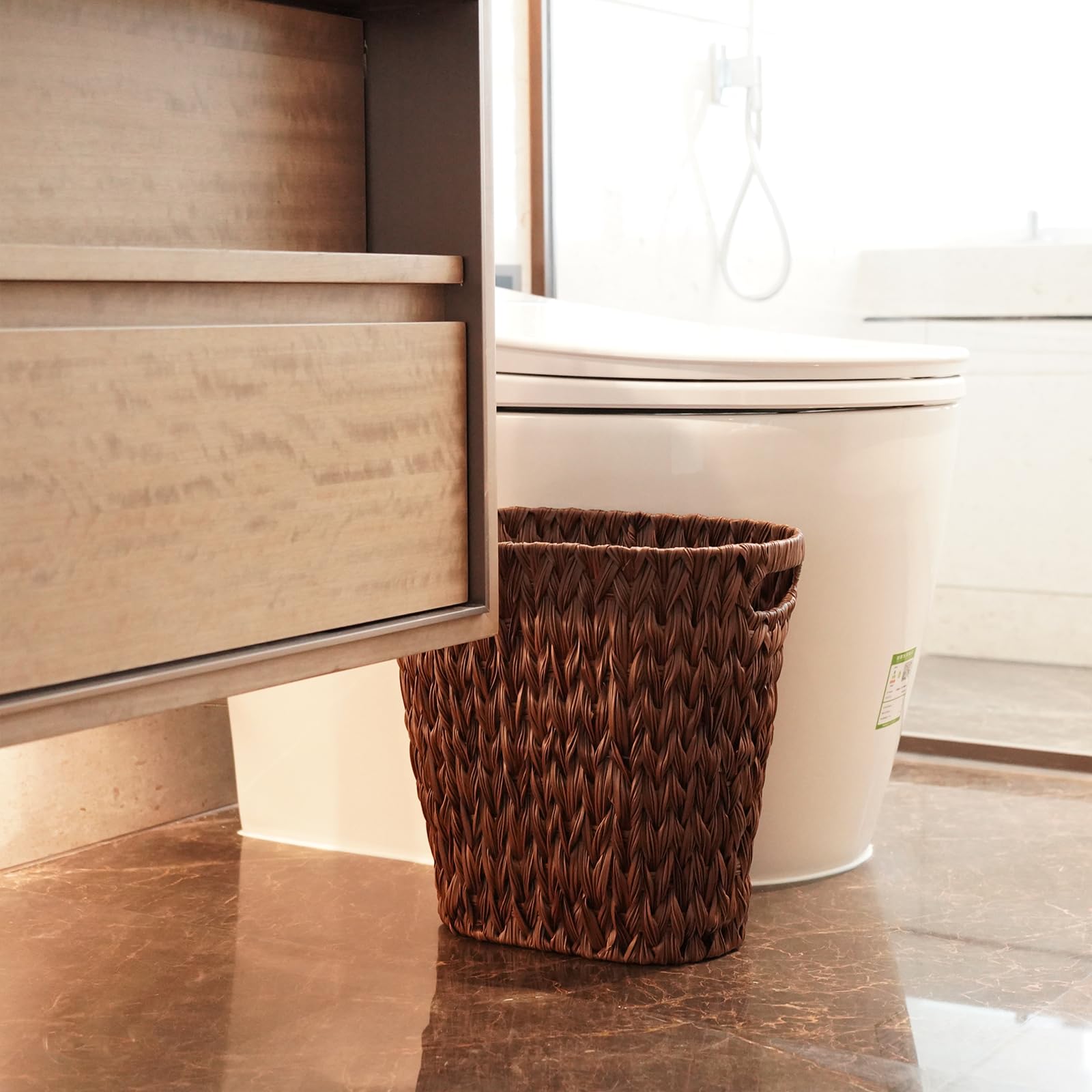 Pumtus Wicker Waste Basket - Water Hyacinth With Wooden Handles, 14x7.5x12 Inches, Boho Storage Bin For Home Office