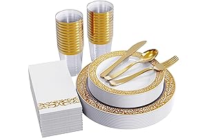 FOCUSLINE Gold Decorative Disposable Plates, 175-Piece Dinnerware Set for Special Occasions