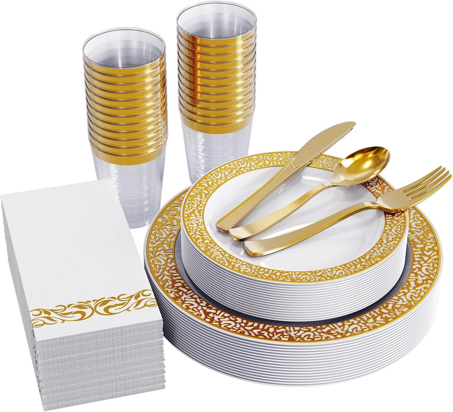 focusline 175 ct gold dinnerware set for 25 guests, plastic plates with gold lace rim design, including 25 disposable dinner & dessert plates, cups, napkins, cutlery set