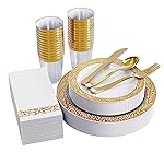 FOCUSLINE 175 Ct Gold Dinnerware Set for 25 Guests, Plastic Plates with Gold Lace Rim Design, Including 25 Disposable Dinner & Dessert Plates, Cups, Napkins, Cutlery Set