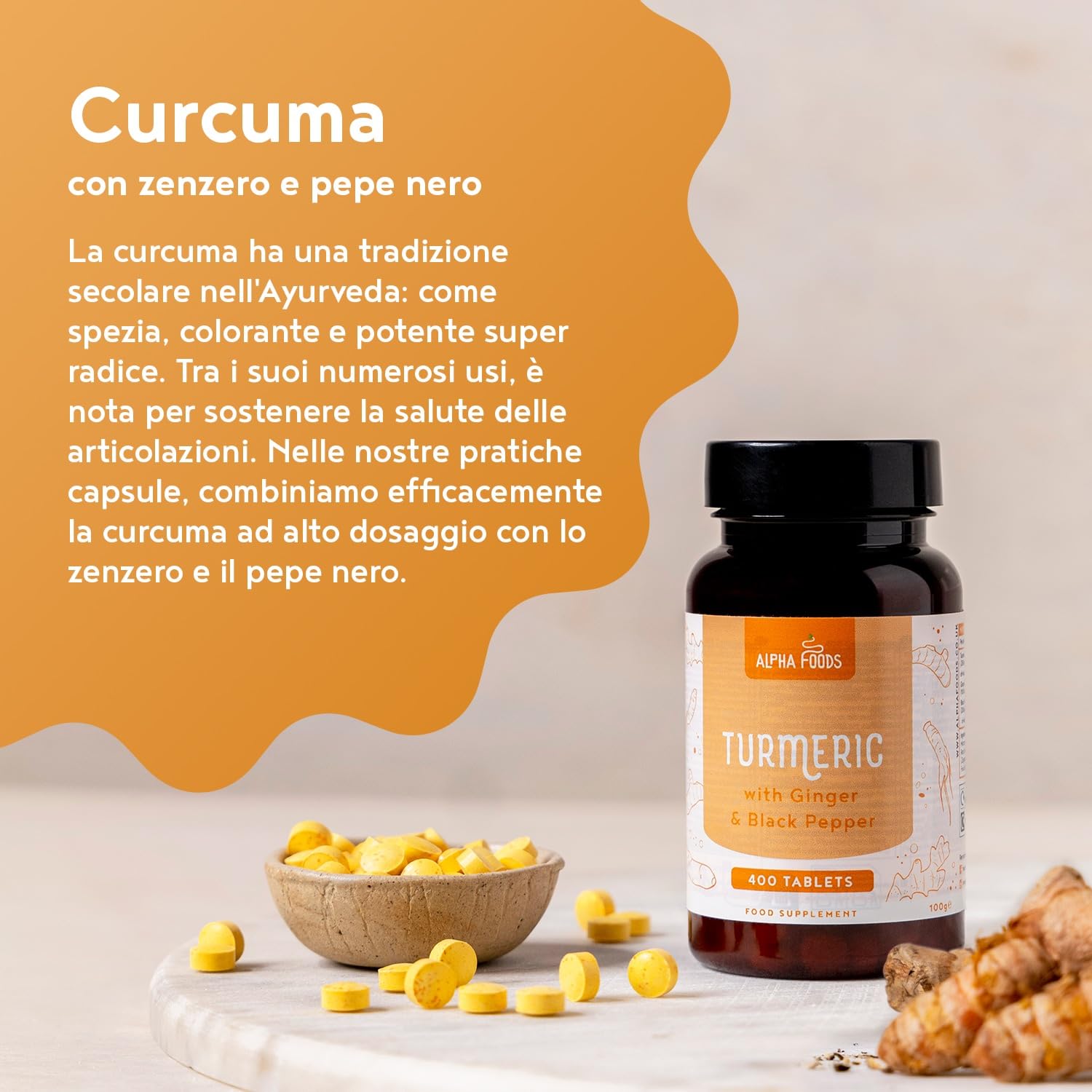 Curcuma ad alto dosaggio | 2500mg al giorno | 400 compresse con curcumina, pepe nero (piperina) e zenzero | Vegan | Alternativa a turmeric in polvere & capsule | Alpha Foods