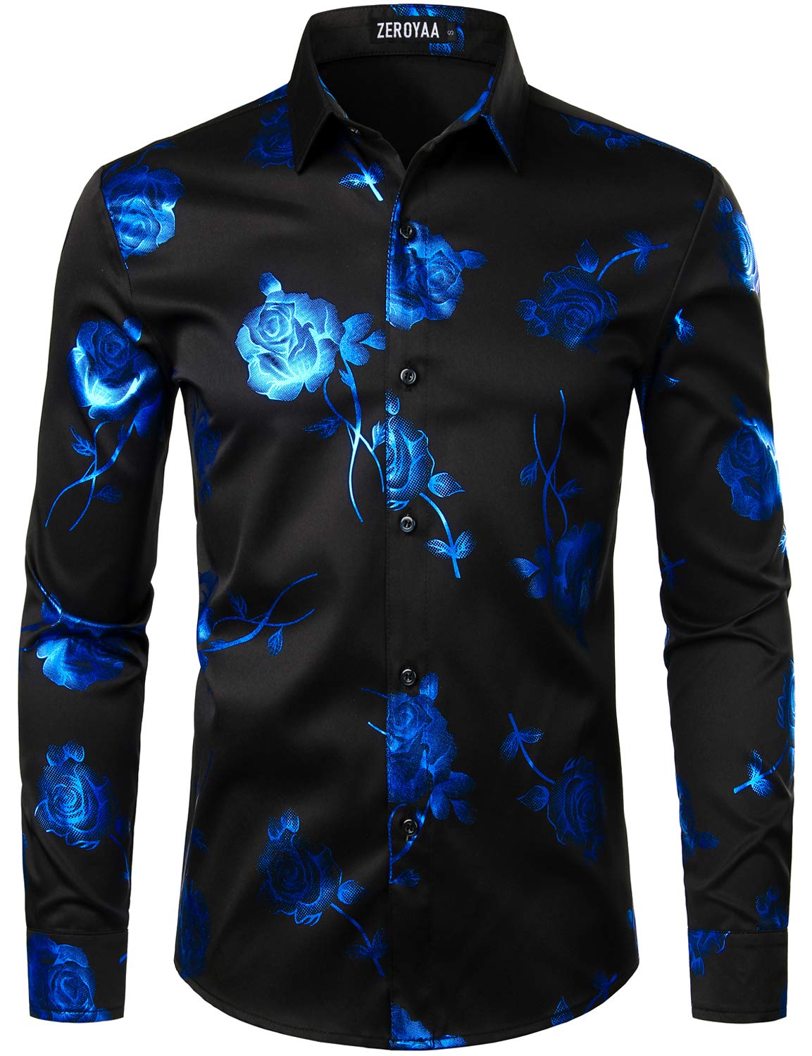 ZEROYAAMens Hipster 3D Golden Rose Floral Printed Slim Fit Long Sleeve Button Down Dress Shirts