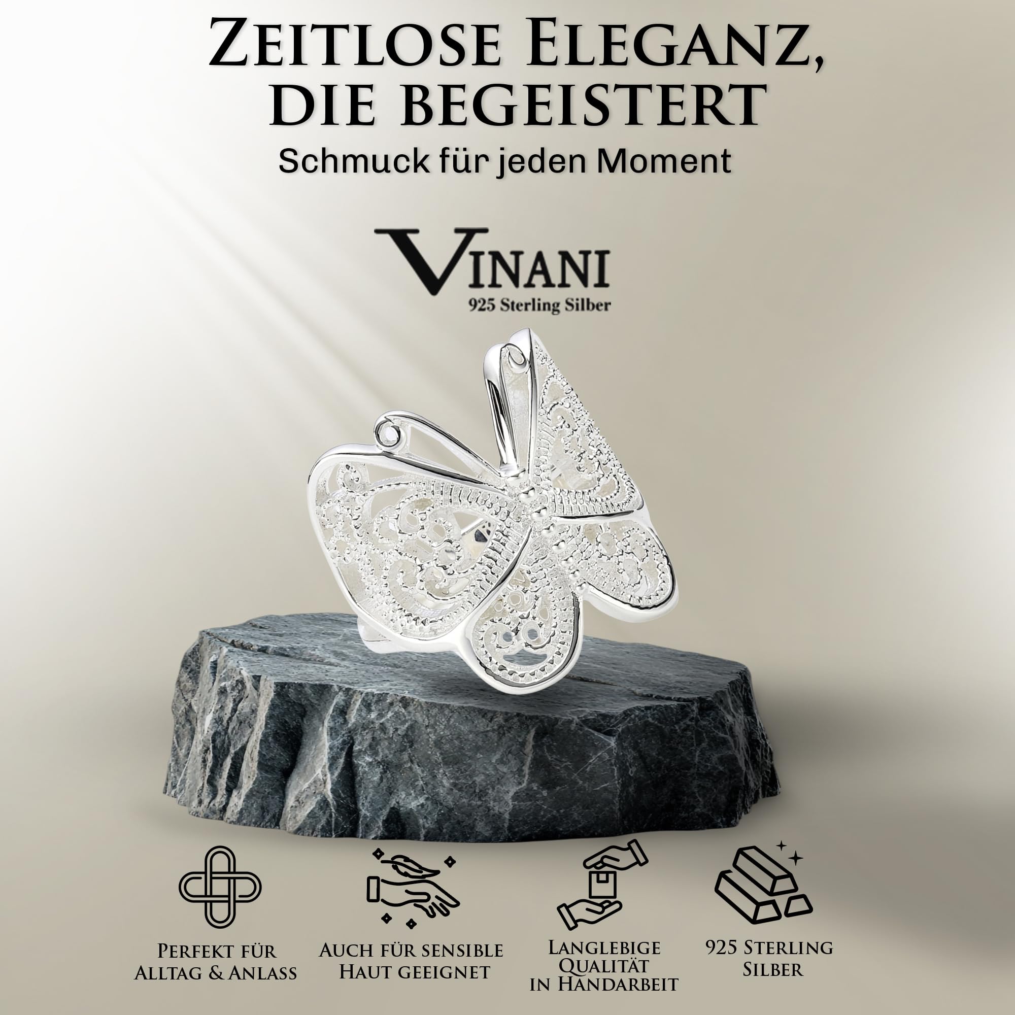 Vinani Ring aus 925 Sterling Silber - Schmetterling Paisley Ring glänzend für Frauen, nickelfrei & antiallergisch, Designed in Deutschland, RSL