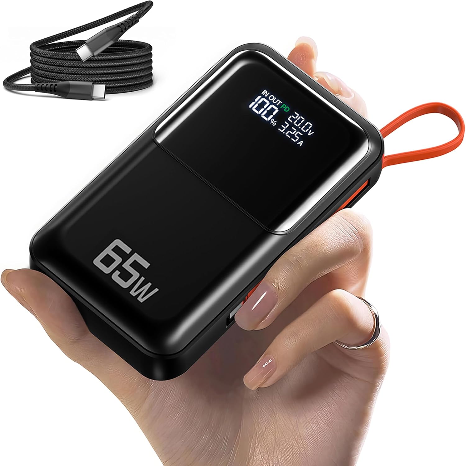 Product image of 65W Portable Laptop Charger - 27,000mAh Power Bank with Built-in USB-C Cables, 3-Port 130W Total Fast Charging for MacBook/iPhone/Steam Deck|TSA-Approved Travel Essential Airplane Safe Battery Pack