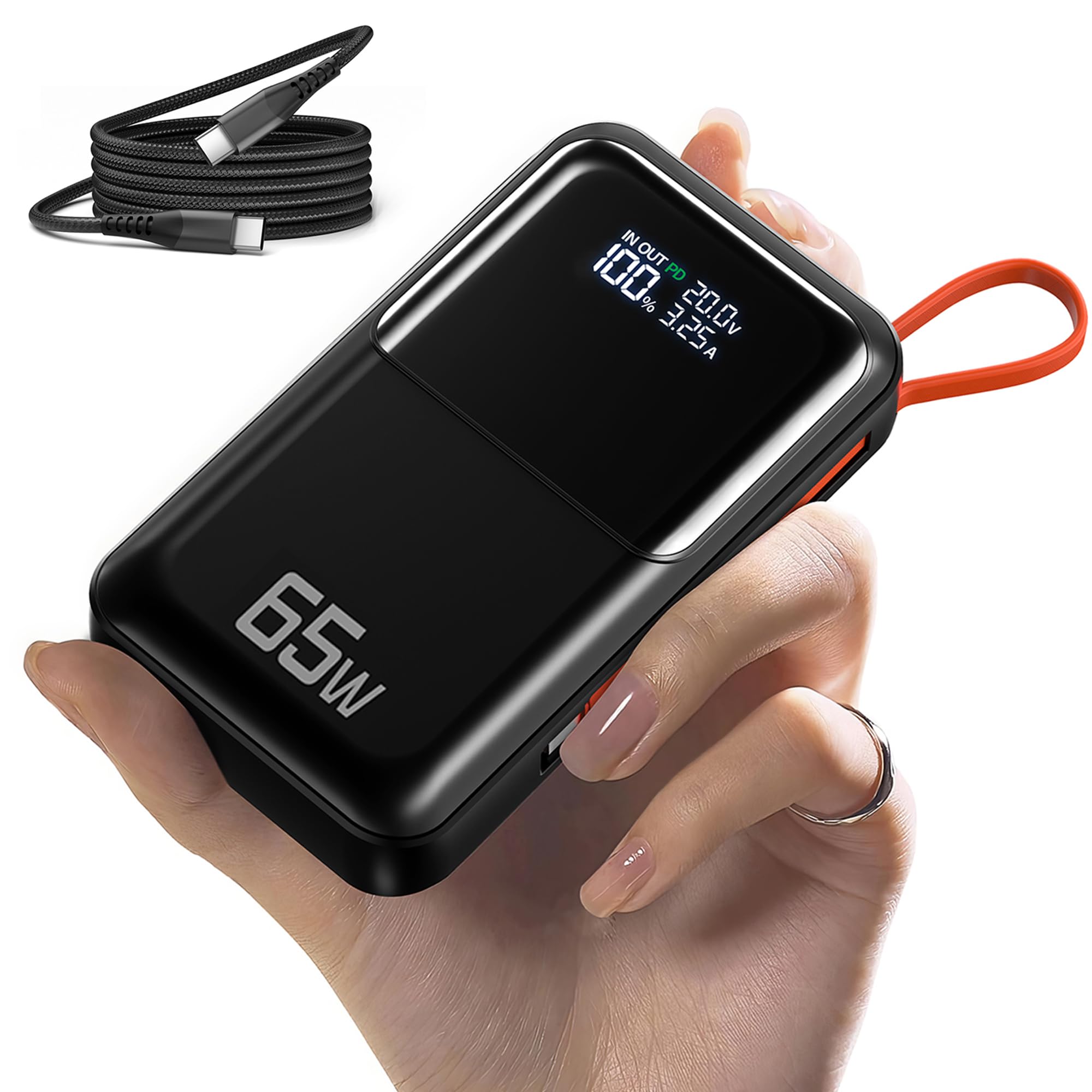 65W Portable Laptop Charger - 27,000mAh Power Bank with Built-in USB-C Cables, 3-Port 130W Total Fast Charging for MacBook/iPhone/Steam Deck|TSA-Approved Travel Essential Airplane Safe Battery Pack