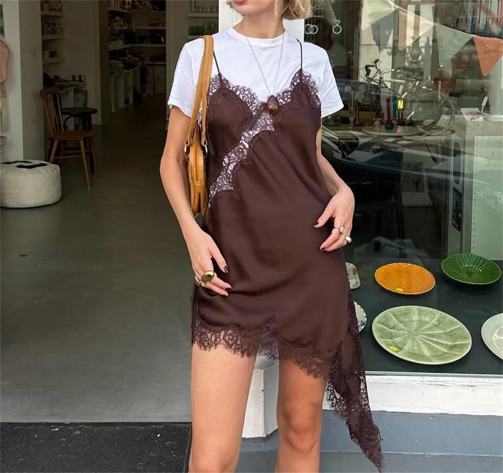 Genérico Camiseta de Tirantes Irregular de Encaje Sexy para Mujer, con Escote en V, Espalda Descubierta, sin Mangas, Transparente, Estilo Urbano (Top Corto, Talla 6 Mediana)