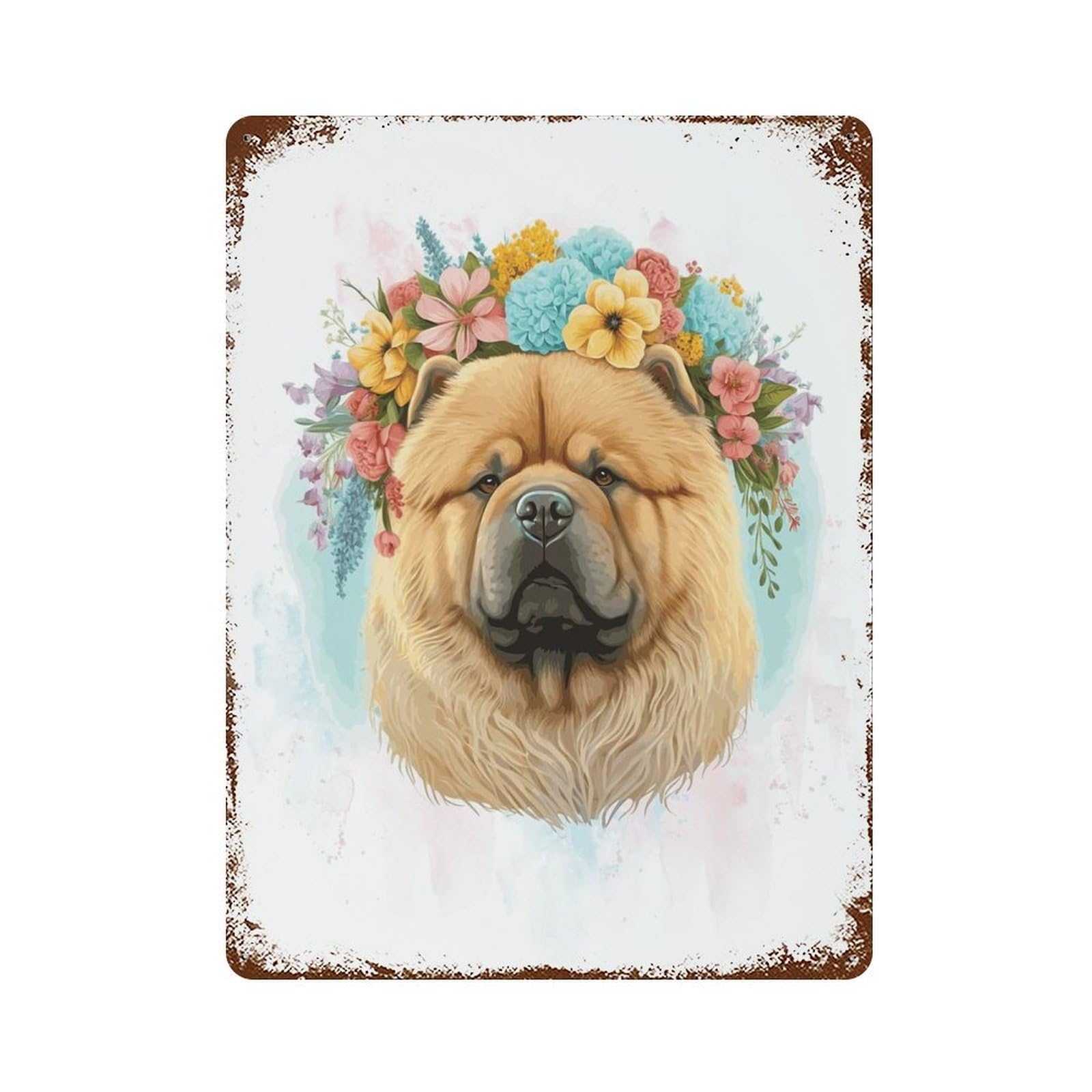 Weathered Tin Sign with Flower Chow Chow Dog Art Design 15.7"x11.8", for Shed, Workshop And Garage Wall Decor, Decorative Metal Wall Art