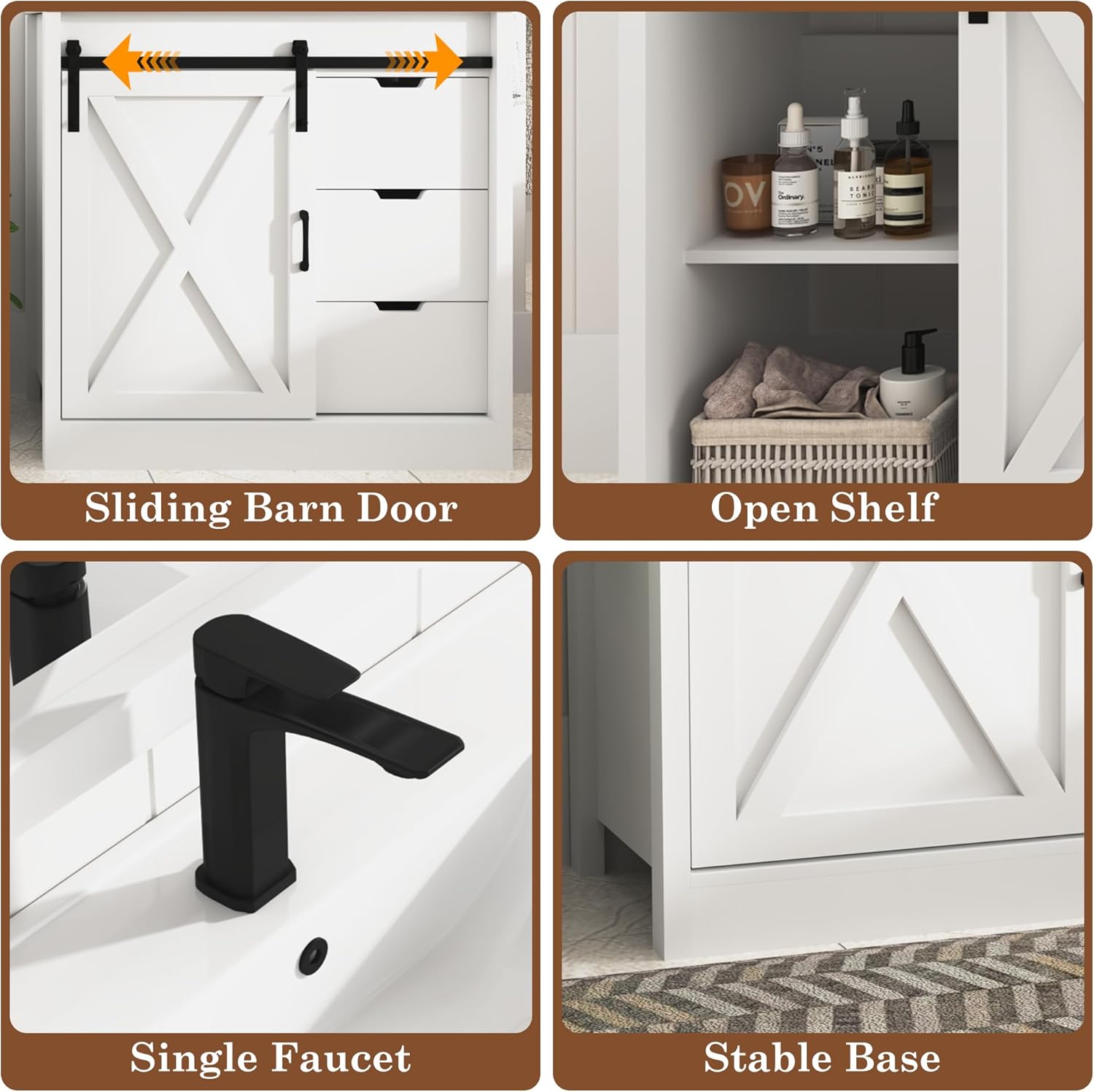 Collage showing close-ups of the sliding barn door, open shelf inside the cabinet, single faucet, and stable base of the vanity.