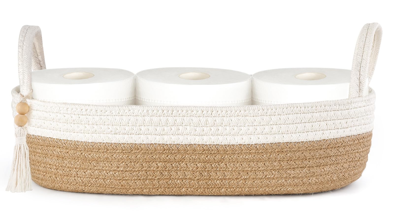 Mkono Small Storage Basket for Toilet Tank Top Boho Bathroom Decor Woven Rope Toilet Paper Tray Organizer for Shelf Bedroom Living Room, Brown and