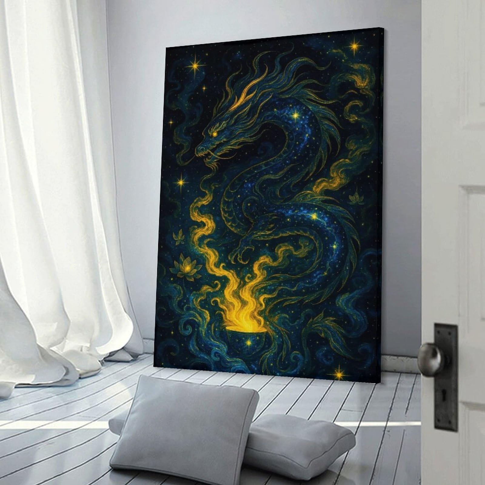 Junmoney Cosmic Dragon with Fiery Offering Canvas Wall Decor 24x36inch(60x90cm), for Calm Bedrooms, Home Corners Or Flats, A Warm Accent for Relaxed Interiors