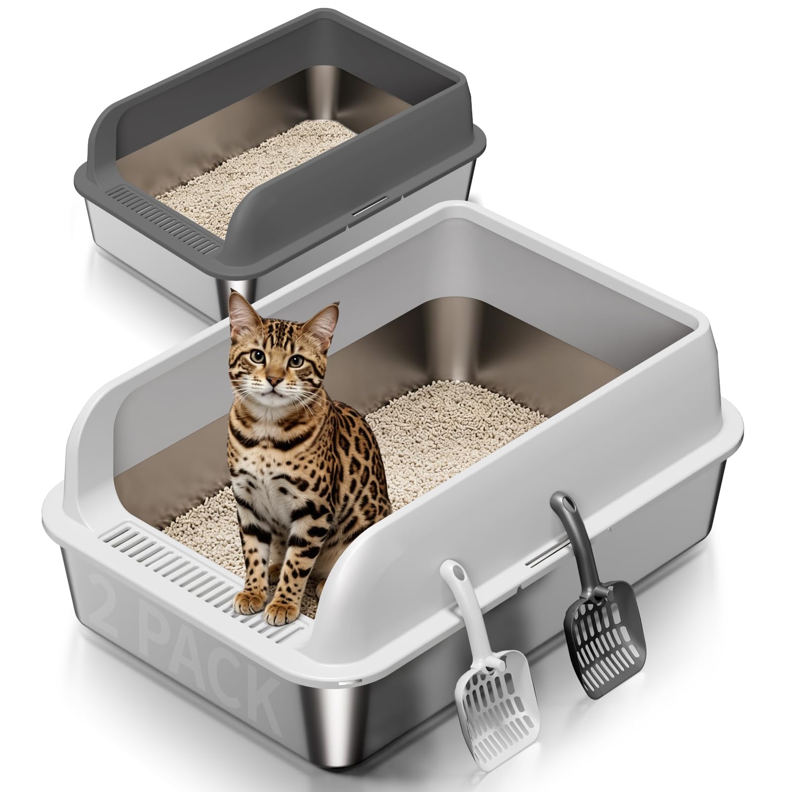 Photo 1 of 2 Pack Stainless Steel Cat Litter Box with Lid, Large Metal Litter Pan for Adult Cats, Multi-Cats, High Sides with Anti-Leakage Enclosure, Easy Cleaning, Non-Stick, Anti-Scratch,Include Scoop