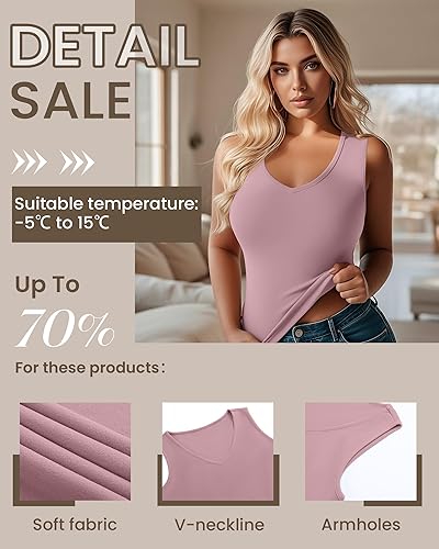 Miniatura 4 de Paquete de 4 camisetas térmicas sin mangas para mujer, con cuello en V, forro polar, sin mangas, cálido, chaleco de capa base