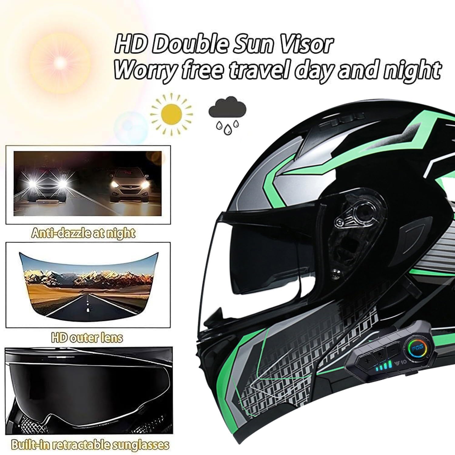 Modularer Motorradhelm Klapphelm mit Bluetooth Integrierter Roller Helm DOTECE-Zertifizierung KlappIntegralhelme mit Doppelvisier für Damen und Herren Bluetooth Motorrad Helm