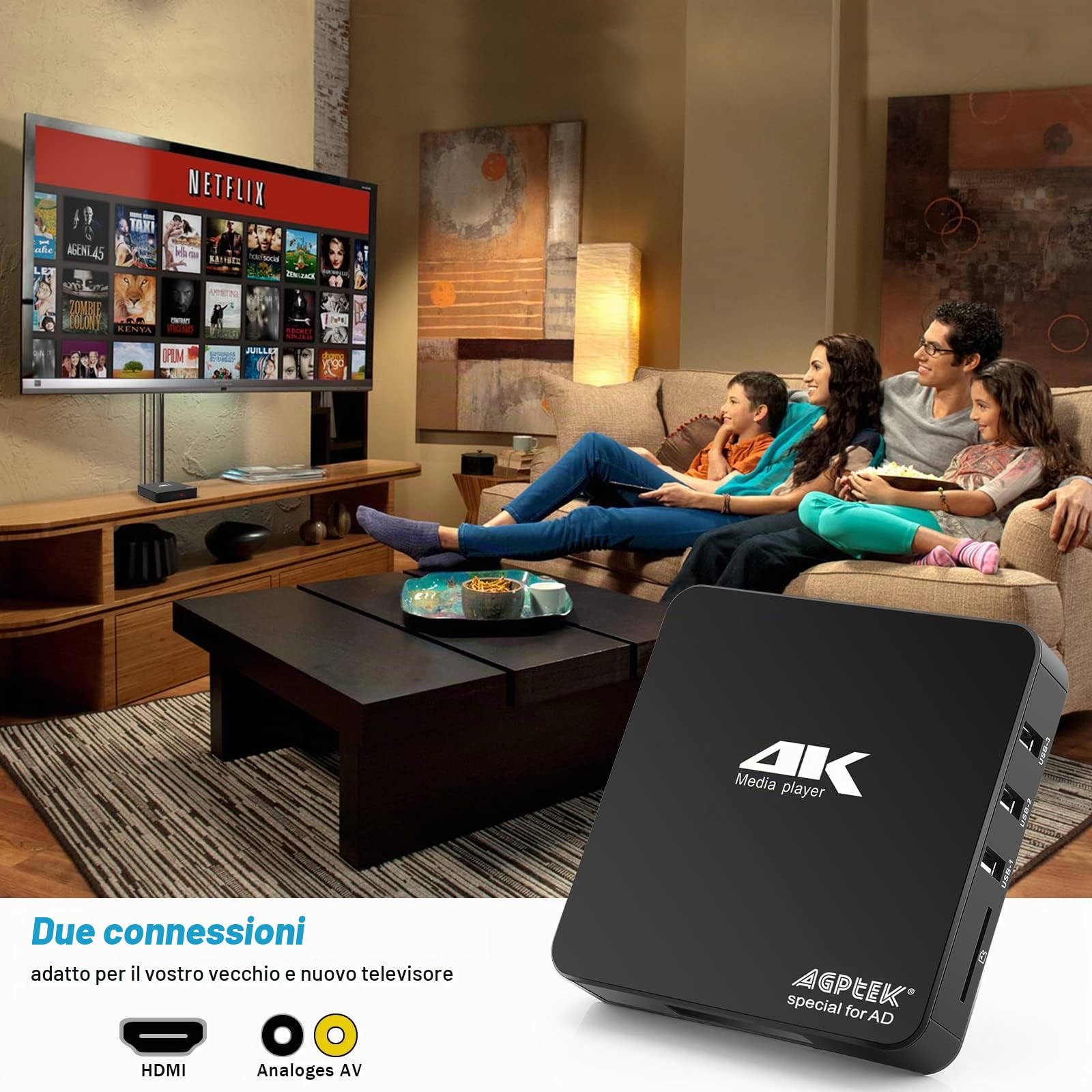 AGPTEK Lettore multimediale digitale Ultra HD 4K Uscita HDMI / AV PPT MKV AVI RMVB RM per HDTV con supporto per telecomando Unità USB e schede SD