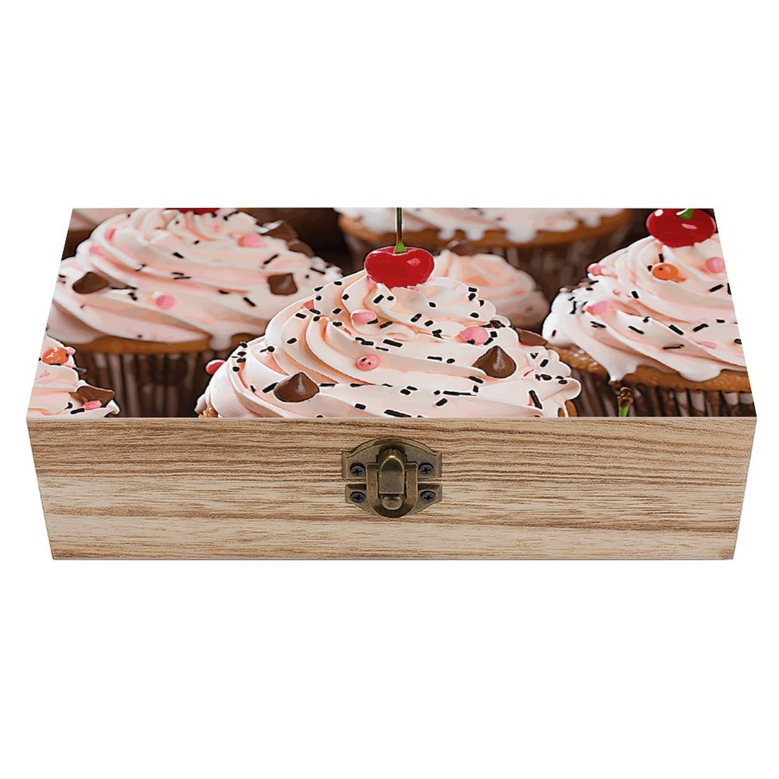 KLOPH Wooden Storage Box Cupcake And Muffin Wood Gift Box with Hinged Lid Vintage Decorative Jewelry Boxes Memory Box for Jewelry Art Hobbies Home Storage Treasure Keepsake Gift 7.9''x3.9''x2.3''