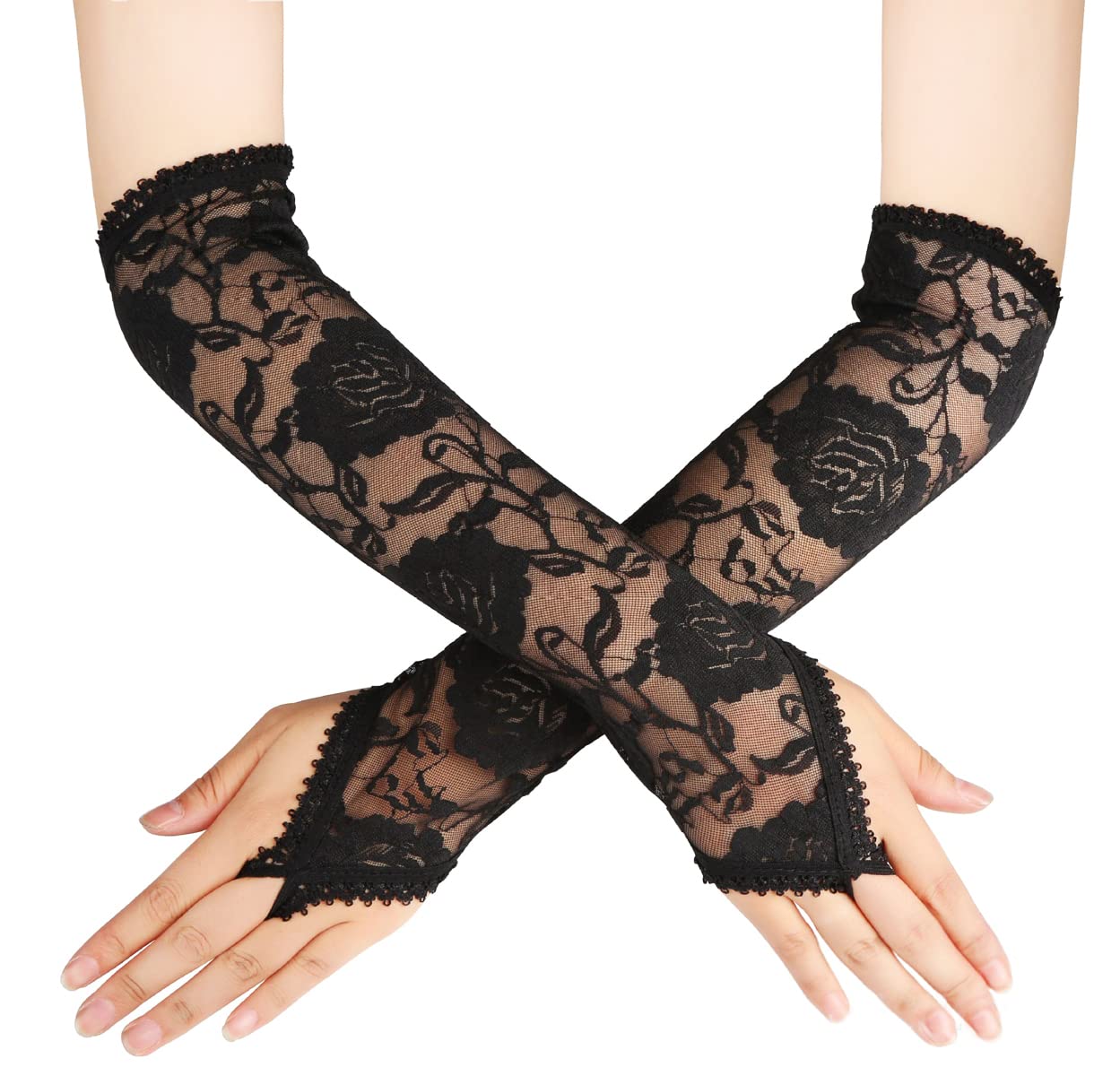 JKJF Lange Fingerlose Spitzenhandschuhe – Schwarz, Mit Schnürung & Blumenmuster, Für Gothic, Steampunk, Halloween & Mottopartys