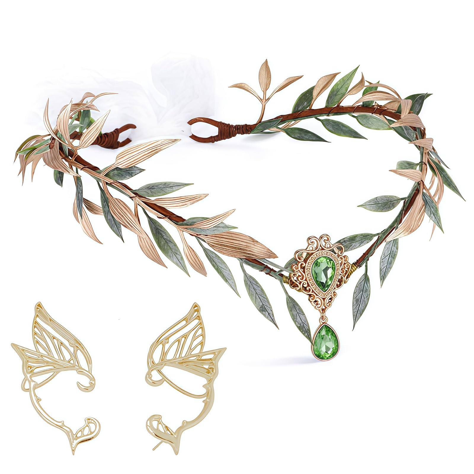 Costume da donna, costume da elfo regolabile, da donna, con corona di fiori, orecchini a farfalla, fata della foresta, per carnevale, Halloween, carnevale, cosplay ed eventi fantasy