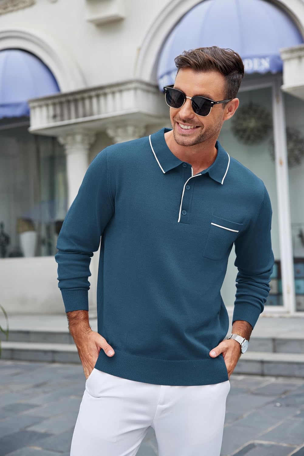 COOFANDY Mens Knit Polo Long Sleeve Collared Sweater Polo Business Casual Polos with Pocket - Image 3