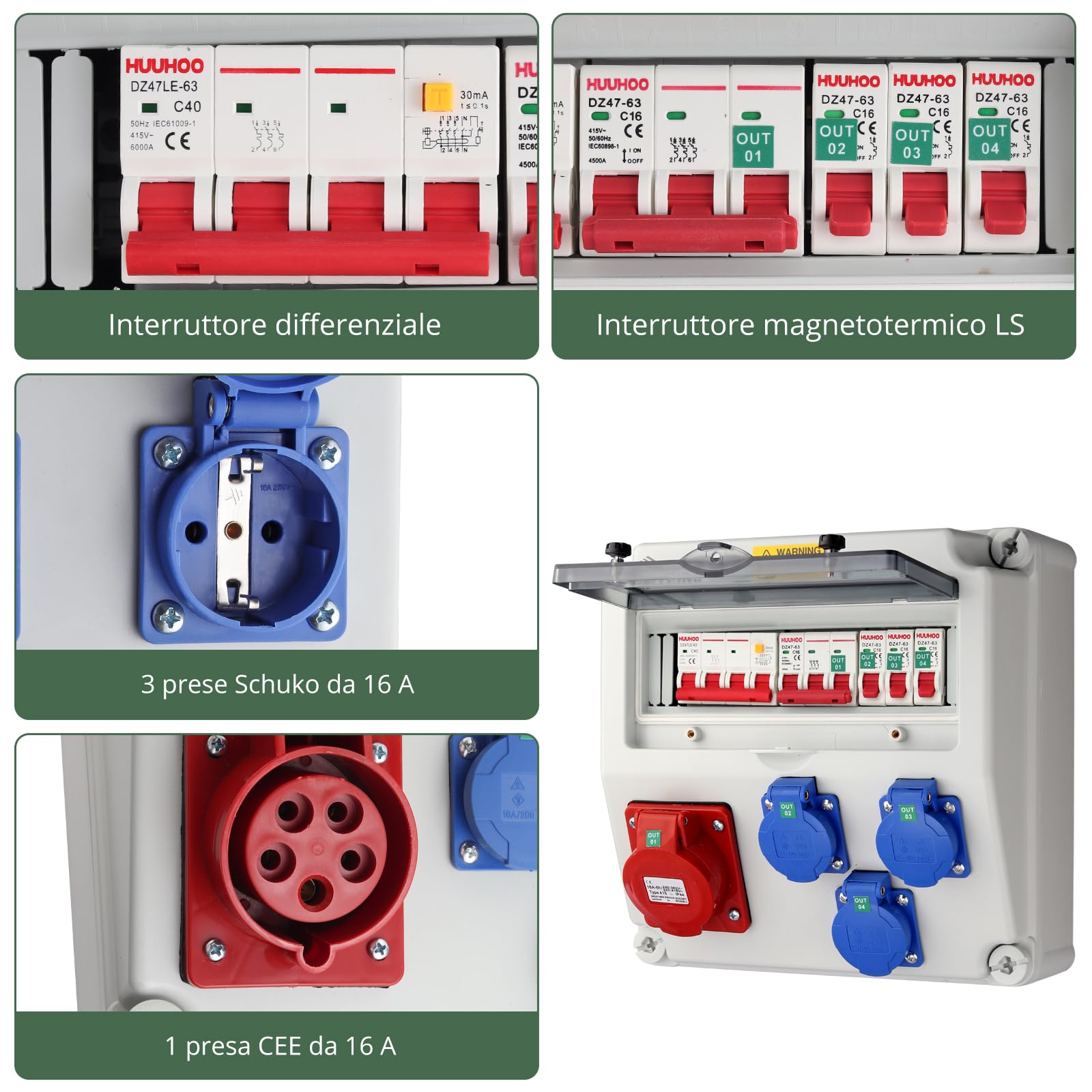 EYPINS Rozdzielacz prądu budowlanego z przełącznikiem LS, rozdzielacz ścienny 3 x 230 V Schuko, 1 x gniazdo CEE 16 A, rozdzielacz prądu IP66, trudnopalny rozdzielacz ABS, do warsztatów wewnętrznych i