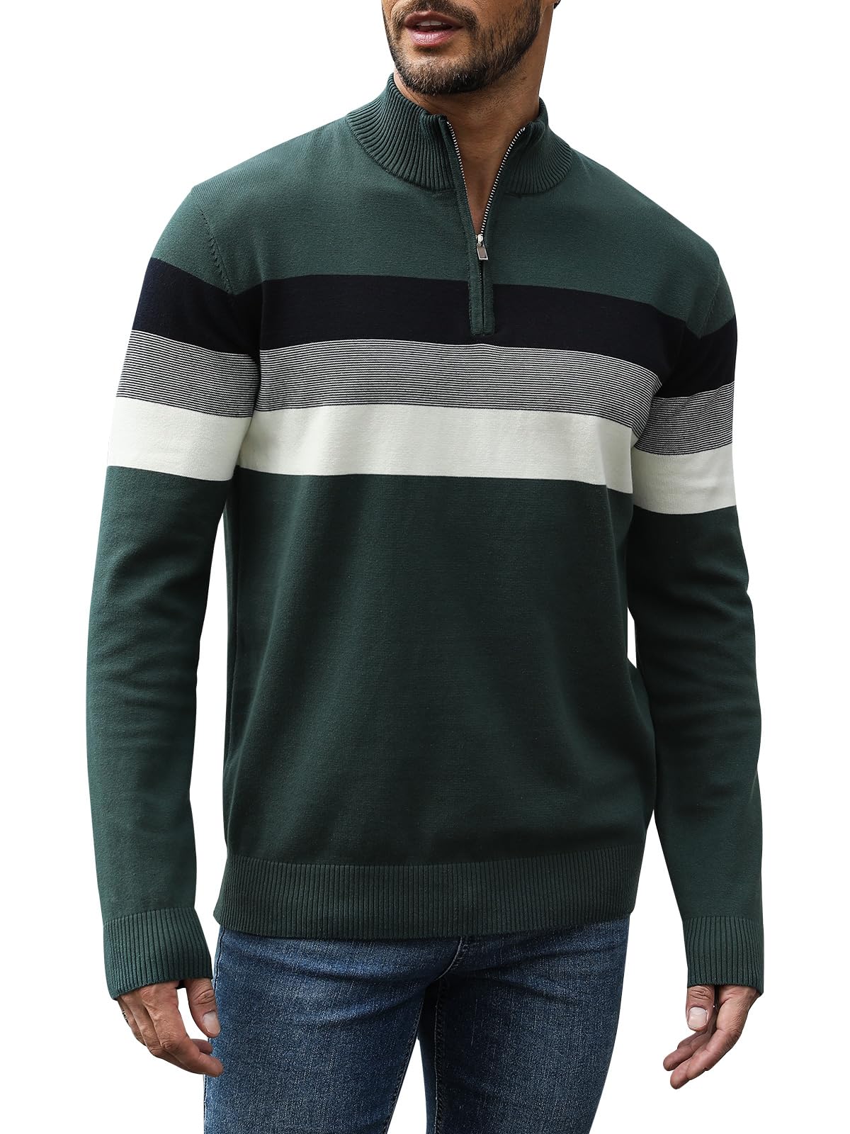 Superora Maglione a Righe da Uomo 100% Cotone Invernale Pullover Manica Lunga Collo Alto con 1/4 Zip