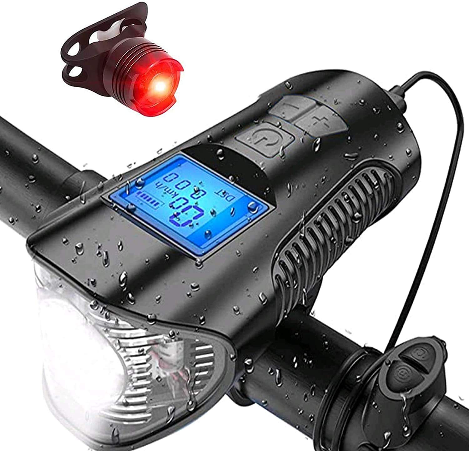 Bike Odometer Bicycle Speedometer Super Bright Waterproof for Bike Light Set 4 Light Modes & Trumpet Fits All Bicycles, Mountain, Road, 120dB Loudspeaker