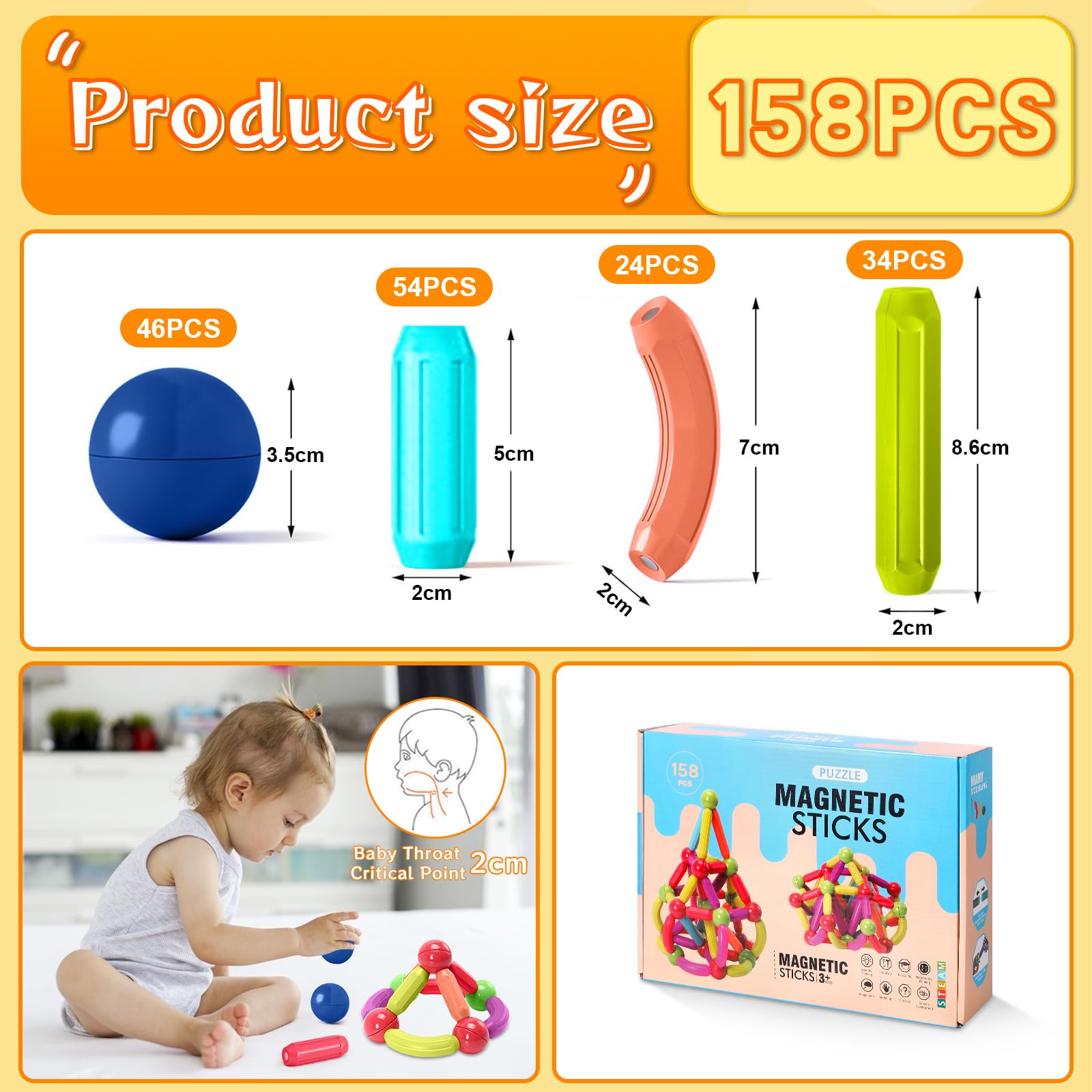 JUQG 158Pcs Juguetes de Bloques de Construcción Magnéticos, 3D Juguetes Educativos de Bloques de Construcción, Juguetes de Construcción Magnéticos para Niños y Niñas de 3 4 5 6 7 8 años (158Pcs) - 2
