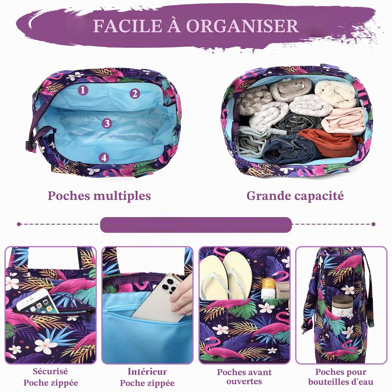 Sac de Plage Femme, VASCHY Multi-Poches Grand 17,3L Cabas Femme d'Été Pliable Léger Résistant à l'Eau Sac Fourre-tout Zippée Tote Bag pour Vacances Voyage Piscine Shopping Gym